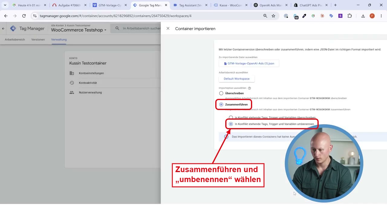 Container-Import im Google Tag Manager mit den Optionen Zusammenführen und Umbenennen