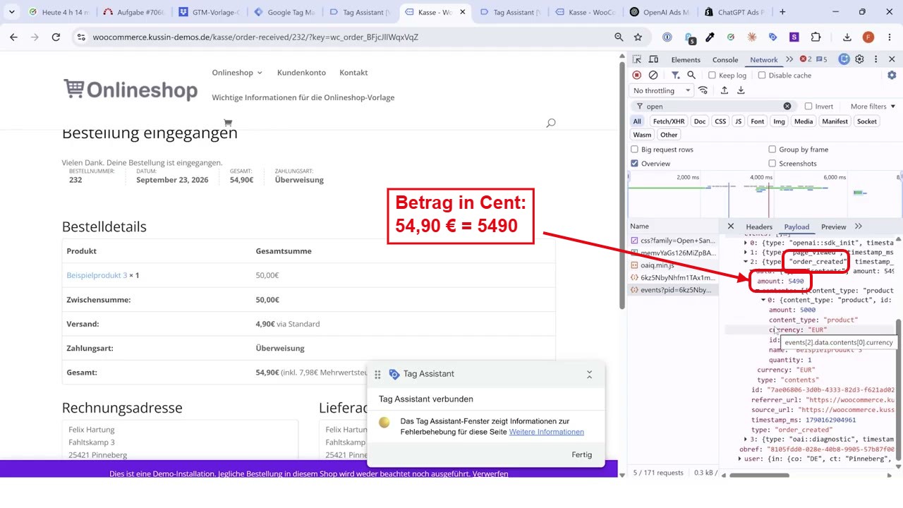 OpenAI-Ads-Payload mit Bestellwert in Cent in den Entwicklertools