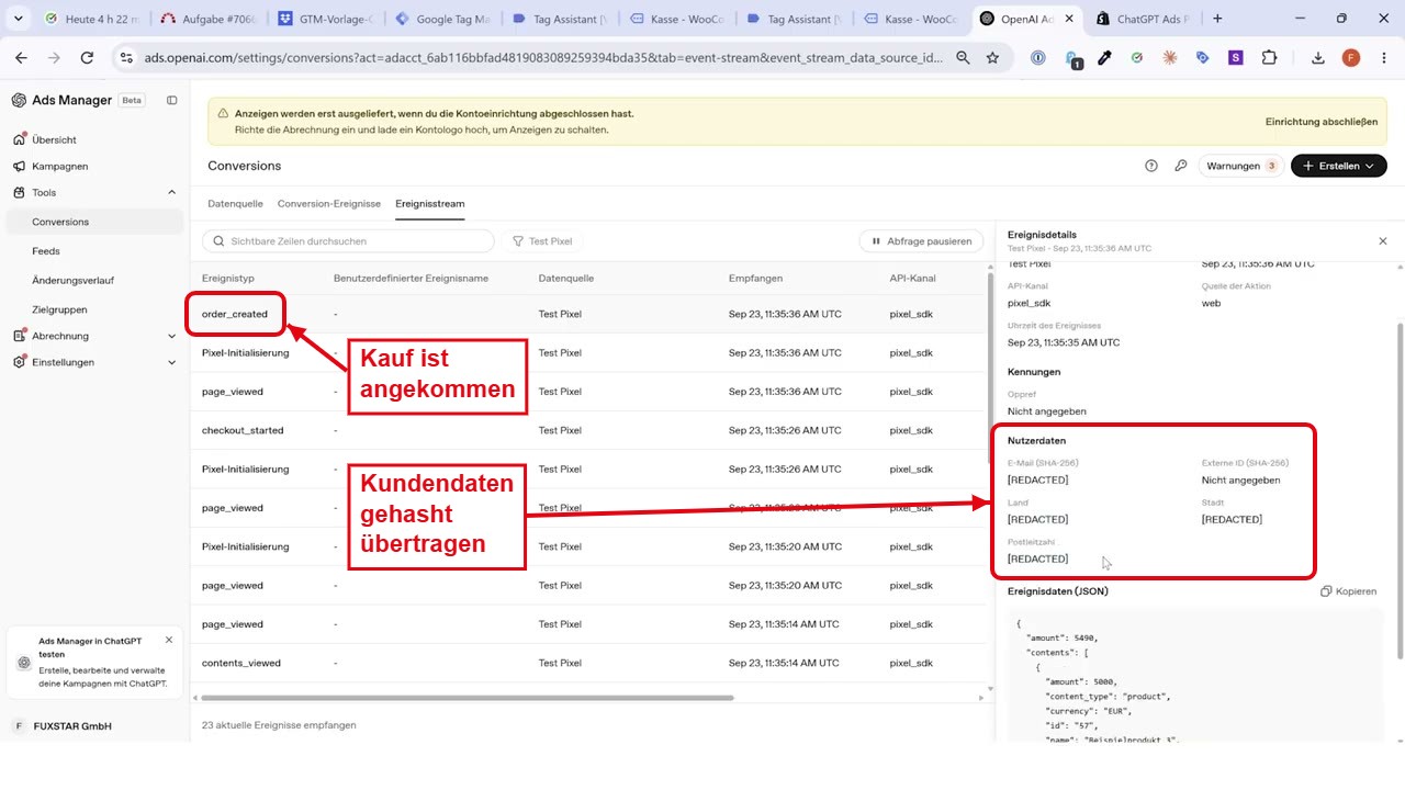 Ereignisstream im OpenAI Ads Manager mit order_created und Nutzerdaten