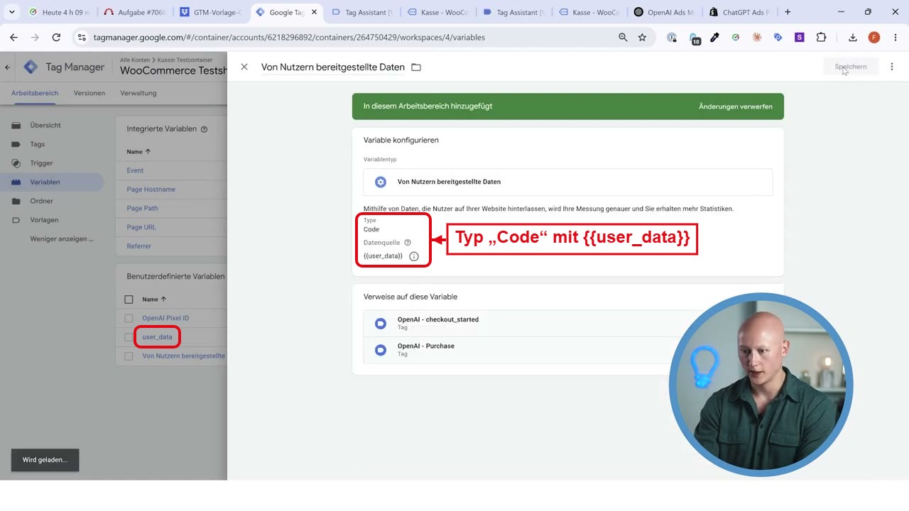 Variable Von Nutzern bereitgestellte Daten mit Typ Code und user_data